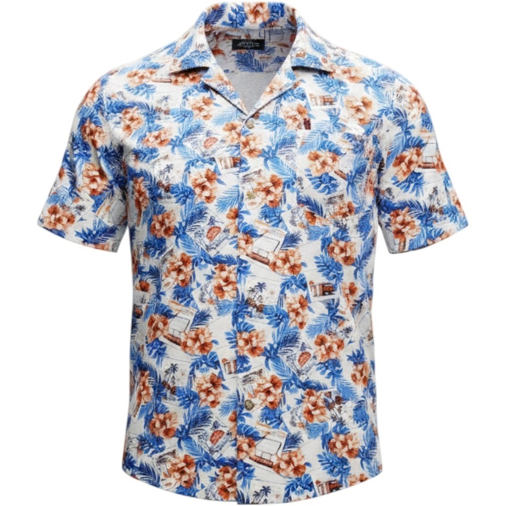 George Mens Short Sleeve Hawaiian Button Down Shirt Blue Orange Tropical L